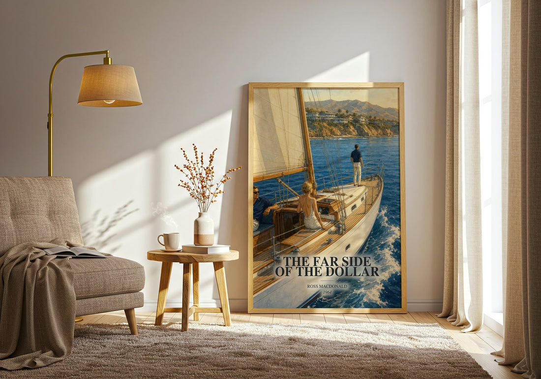 The Far Side of the Dollar watercolour print in frame leaning in hallway – mystery wall art (mockup)