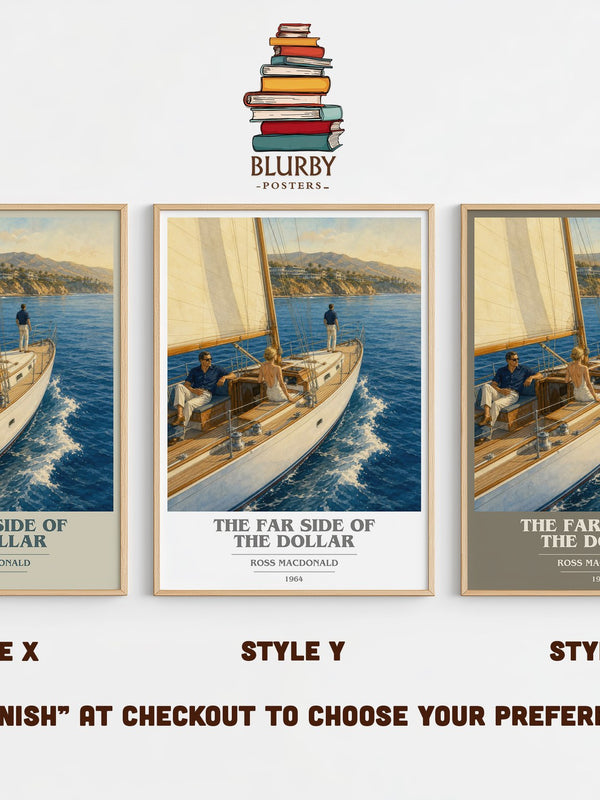 The Far Side of the Dollar book cover print in frame leaning in hallway – mystery wall art