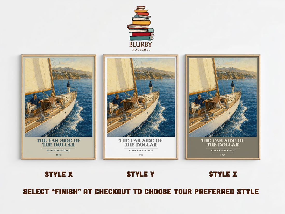The Far Side of the Dollar book cover print in frame leaning in hallway – mystery wall art (mockup)