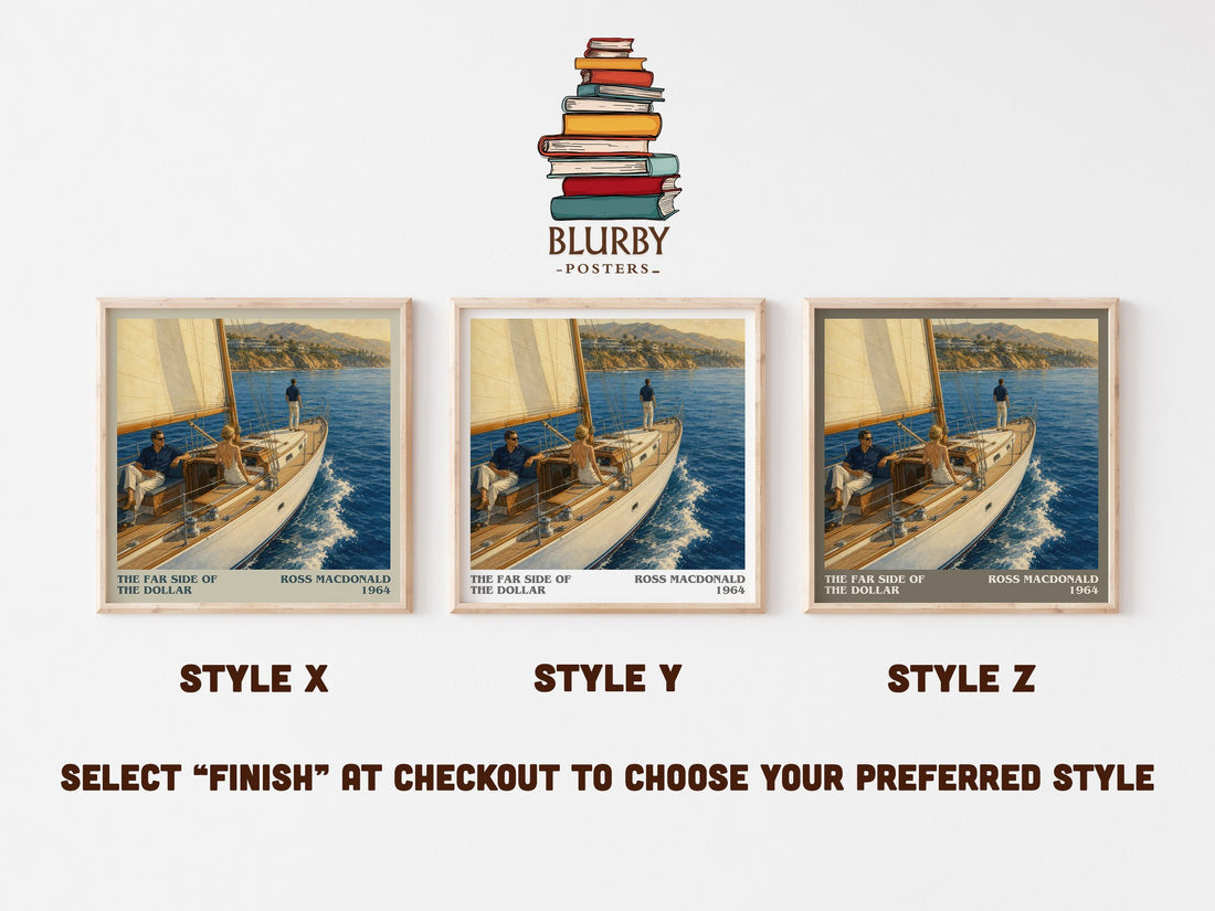 The Far Side of the Dollar literary print in frame leaning in hallway – mystery wall art (mockup)