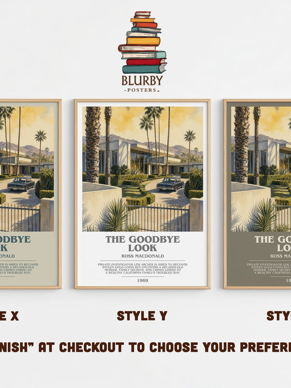 The Goodbye Look bookish print in frame leaning in hallway – mystery wall art