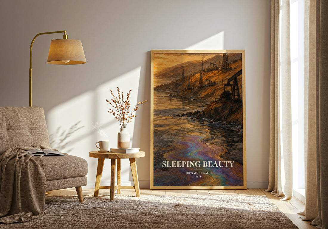 Sleeping Beauty watercolour print in frame leaning in hallway – mystery wall art (mockup)
