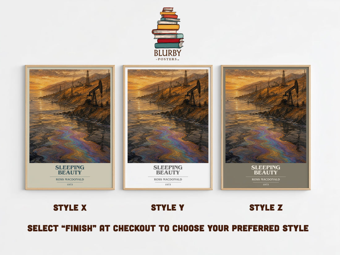 Sleeping Beauty book cover print in frame leaning in hallway – mystery wall art (mockup)