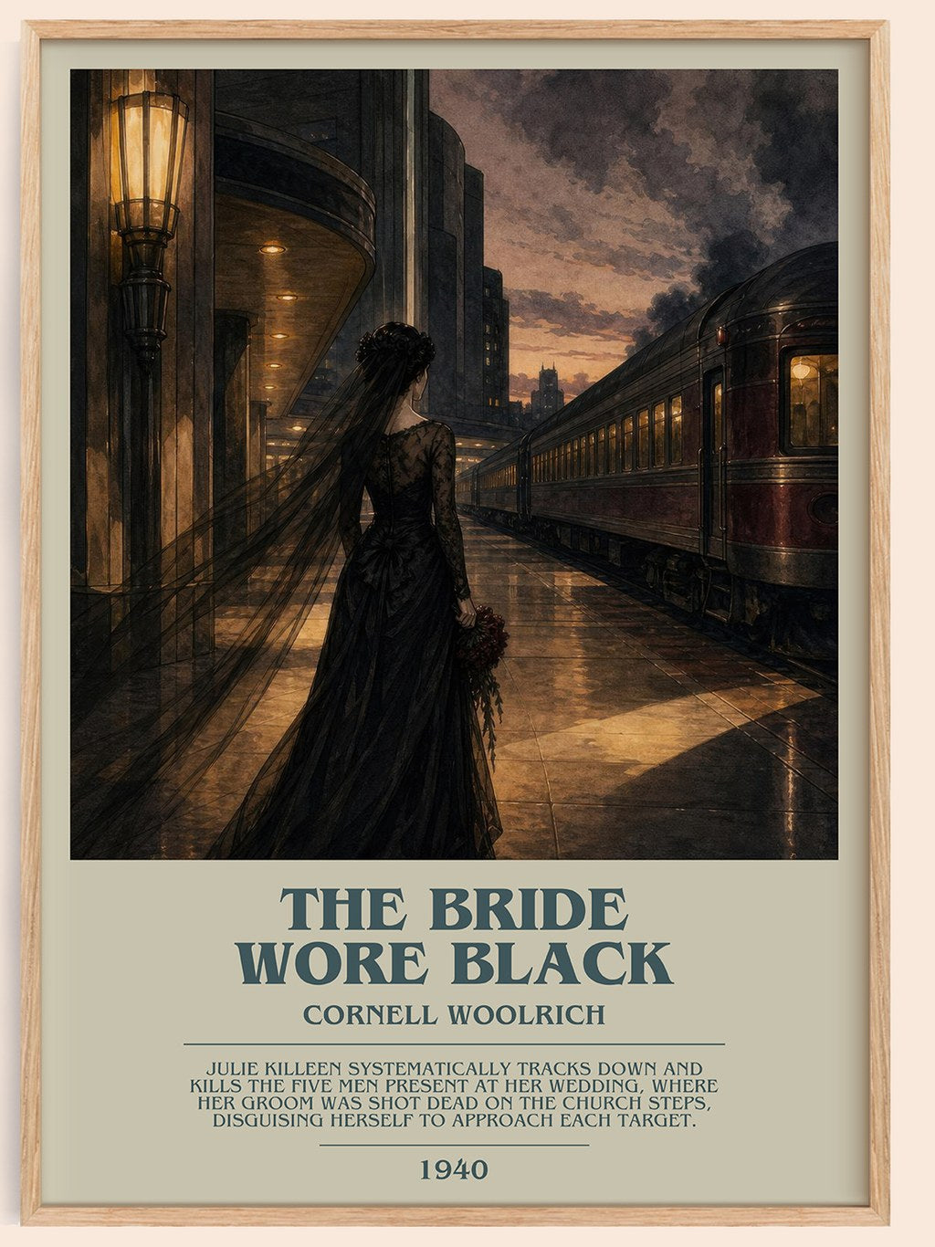 The Bride Wore Black bookish book poster by Cornell Woolrich – framed literary art print