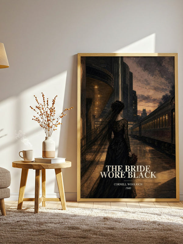 The Bride Wore Black watercolour print in frame leaning in hallway – crime wall art