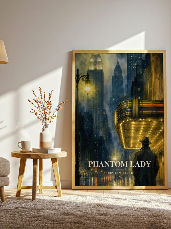 Phantom Lady watercolour print in frame leaning in hallway – crime wall art