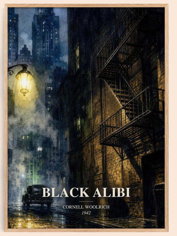 Black Alibi watercolour book poster by Cornell Woolrich – framed literary art print