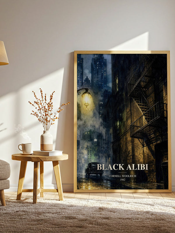 Black Alibi watercolour print in frame leaning in hallway – crime wall art