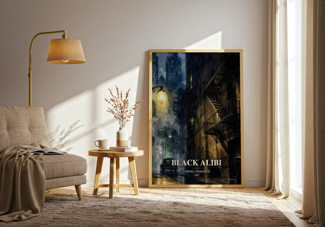 Black Alibi watercolour print in frame leaning in hallway – crime wall art (mockup)