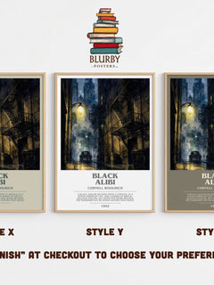 Black Alibi bookish print in frame leaning in hallway – crime wall art
