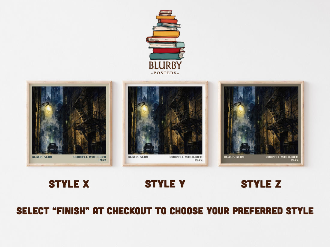 Black Alibi literary print in frame leaning in hallway – crime wall art (mockup)