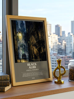 Black Alibi bookish print framed by window – literary home decor