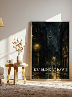 Deadline at Dawn watercolour print in frame leaning in hallway – mystery wall art