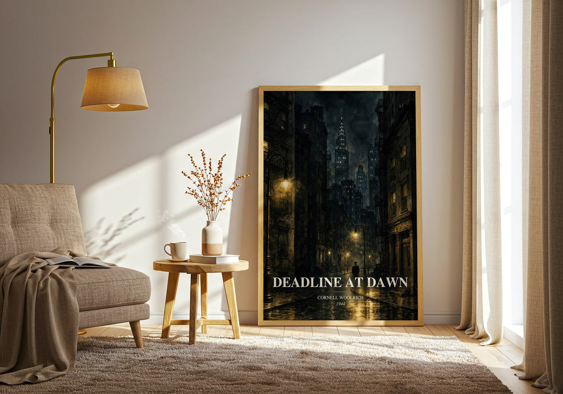 Deadline at Dawn watercolour print in frame leaning in hallway – mystery wall art (mockup)