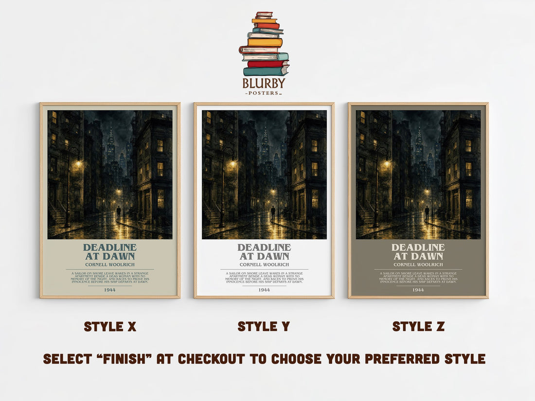 Deadline at Dawn bookish print in frame leaning in hallway – mystery wall art (mockup)