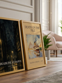 Deadline at Dawn watercolour print framed by window – literary home decor