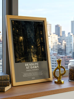 Deadline at Dawn bookish print framed by window – literary home decor