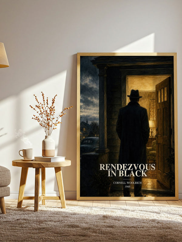 Rendezvous in Black watercolour print in frame leaning in hallway – crime wall art