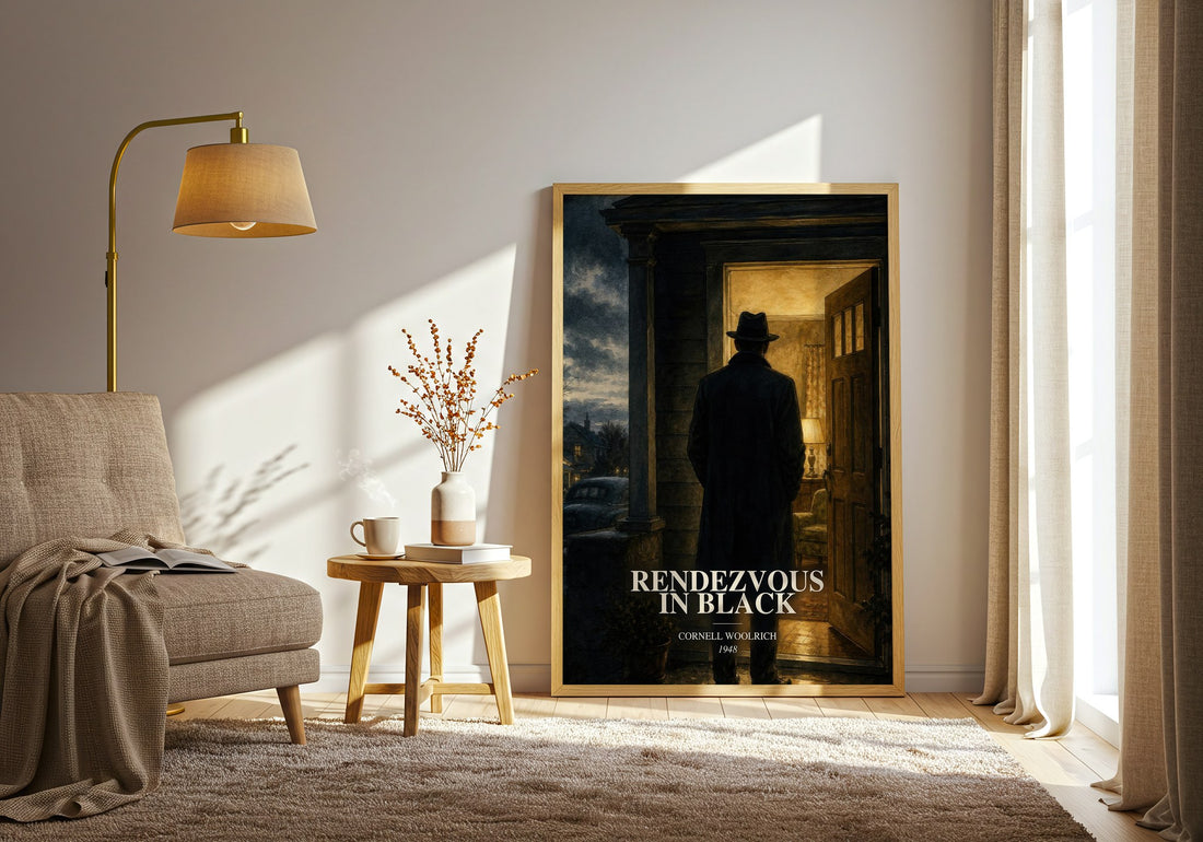 Rendezvous in Black watercolour print in frame leaning in hallway – crime wall art (mockup)