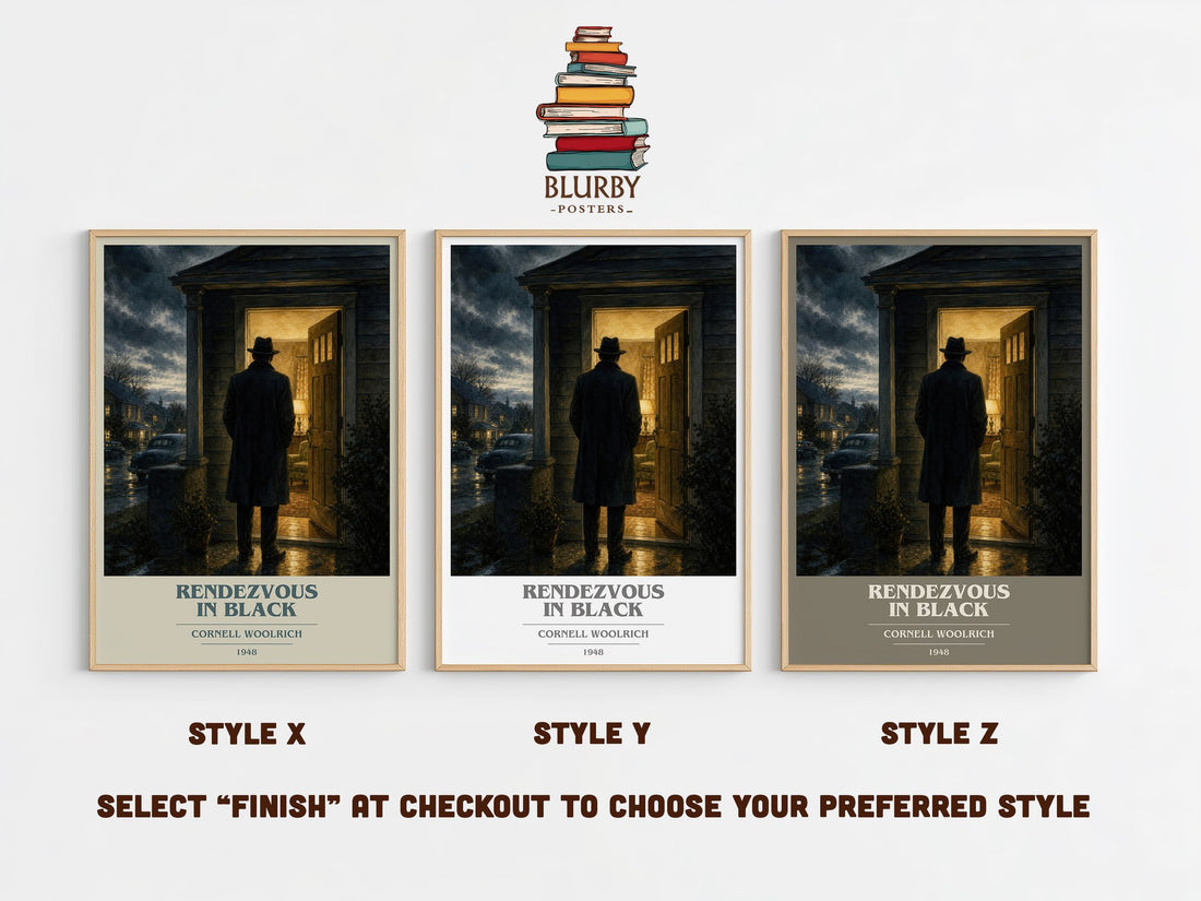 Rendezvous in Black book cover print in frame leaning in hallway – crime wall art (mockup)