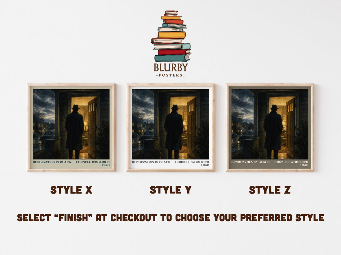 Rendezvous in Black literary print in frame leaning in hallway – crime wall art (mockup)
