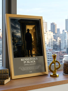 Rendezvous in Black bookish print framed by window – literary home decor
