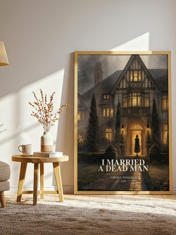 I Married a Dead Man watercolour print in frame leaning in hallway – crime wall art