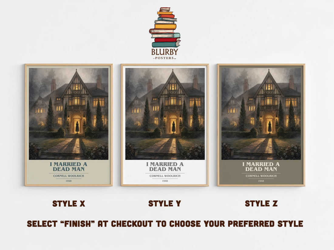 I Married a Dead Man book cover print in frame leaning in hallway – crime wall art (mockup)