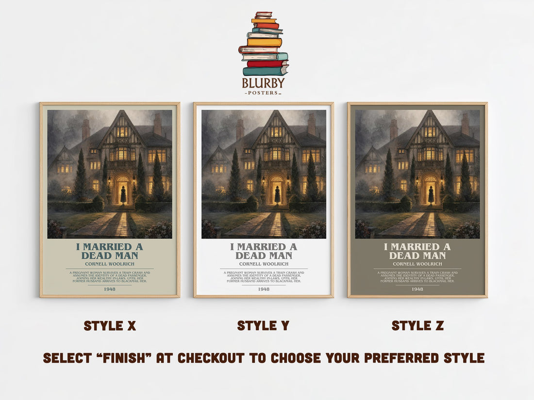 I Married a Dead Man bookish print in frame leaning in hallway – crime wall art (mockup)
