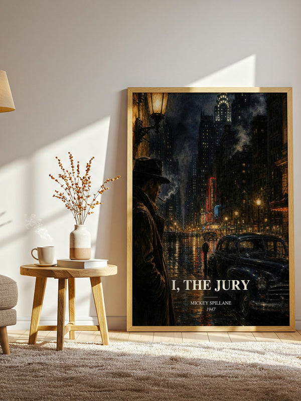 I, the Jury watercolour print in frame leaning in hallway – crime wall art
