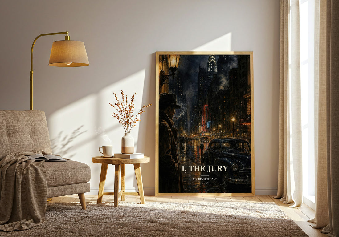 I, the Jury watercolour print in frame leaning in hallway – crime wall art (mockup)