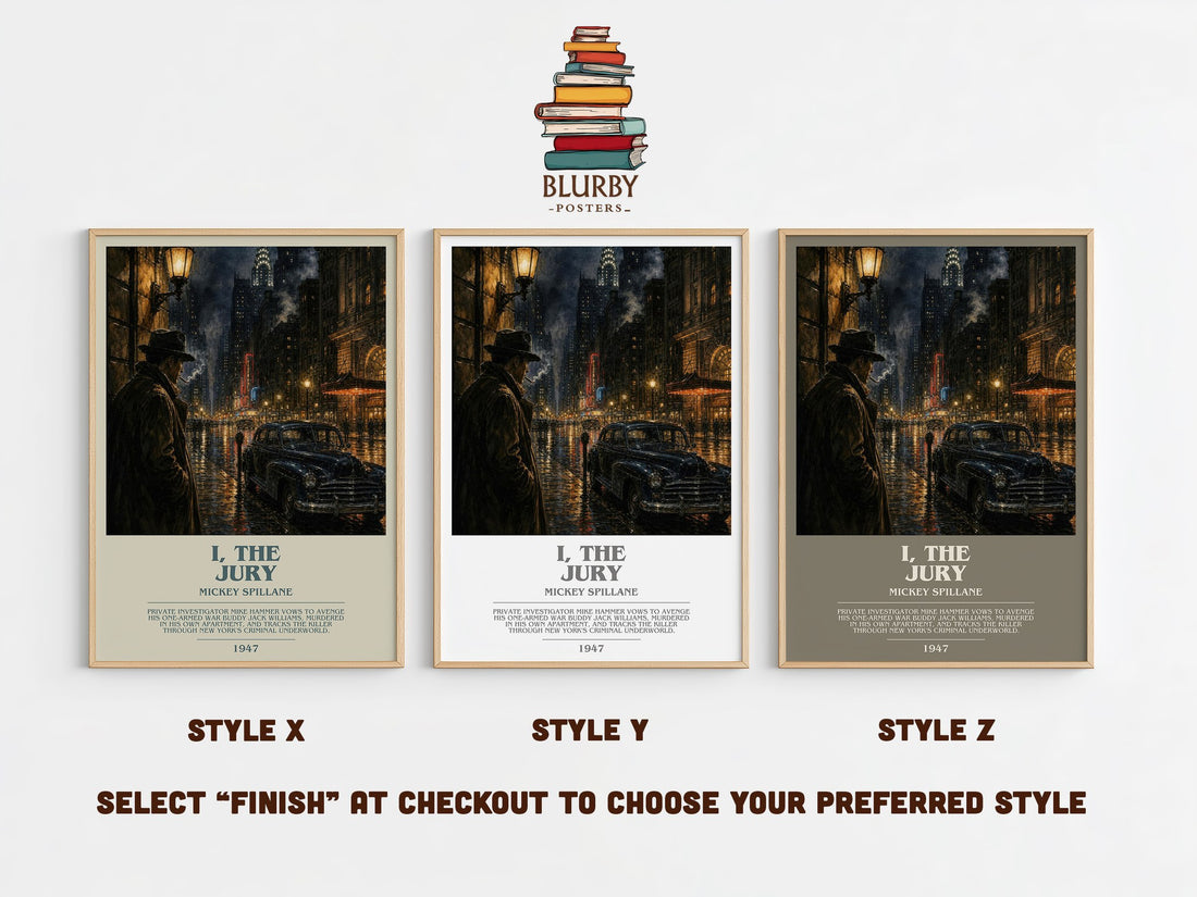 I, the Jury bookish print in frame leaning in hallway – crime wall art (mockup)