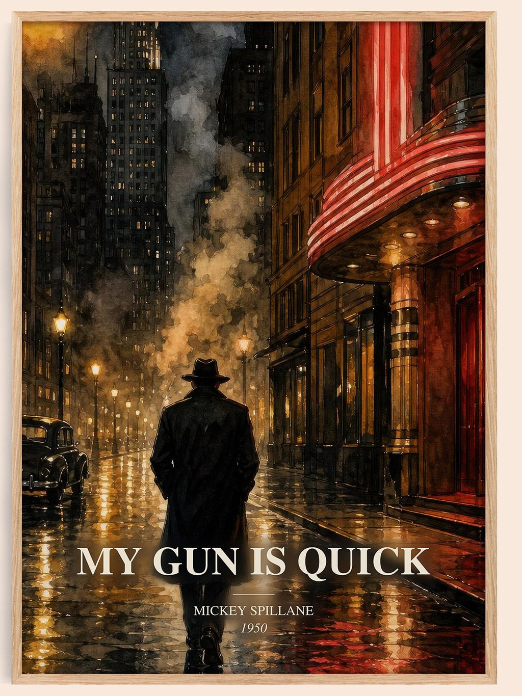 My Gun Is Quick watercolour book poster by Mickey Spillane – framed literary art print
