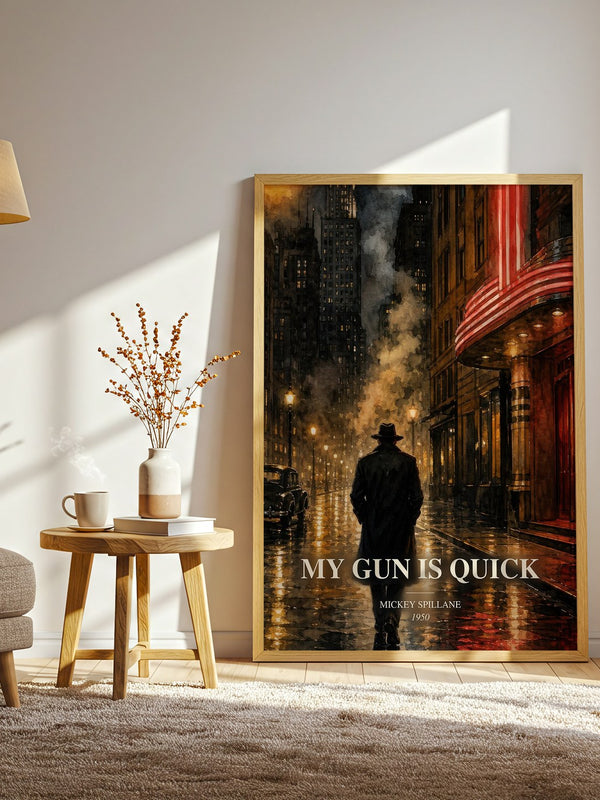 My Gun Is Quick watercolour print in frame leaning in hallway – crime wall art