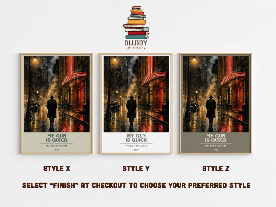 My Gun Is Quick book cover print in frame leaning in hallway – crime wall art (mockup)