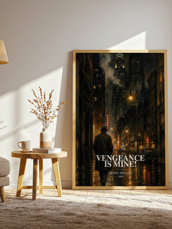 Vengeance Is Mine! watercolour print in frame leaning in hallway – crime wall art
