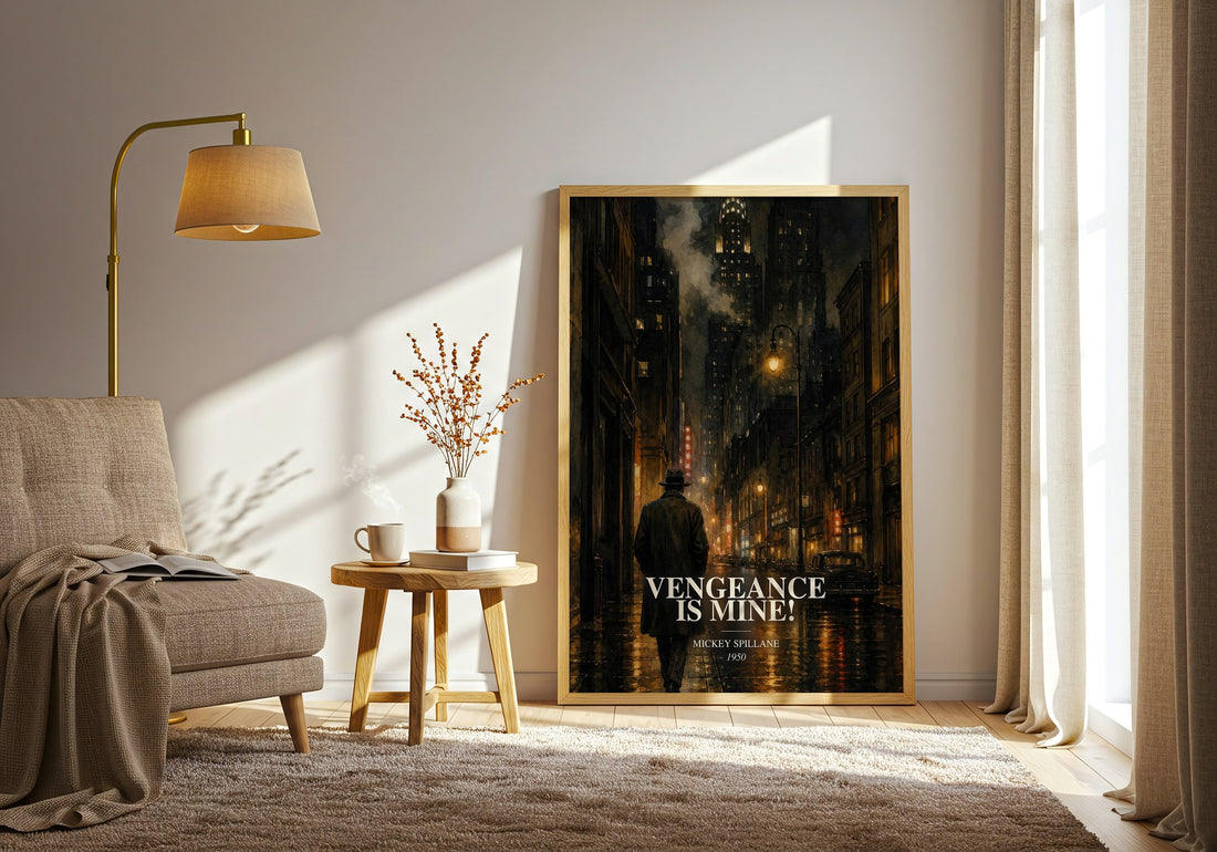 Vengeance Is Mine! watercolour print in frame leaning in hallway – crime wall art (mockup)
