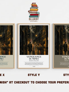 Vengeance Is Mine! bookish print in frame leaning in hallway – crime wall art