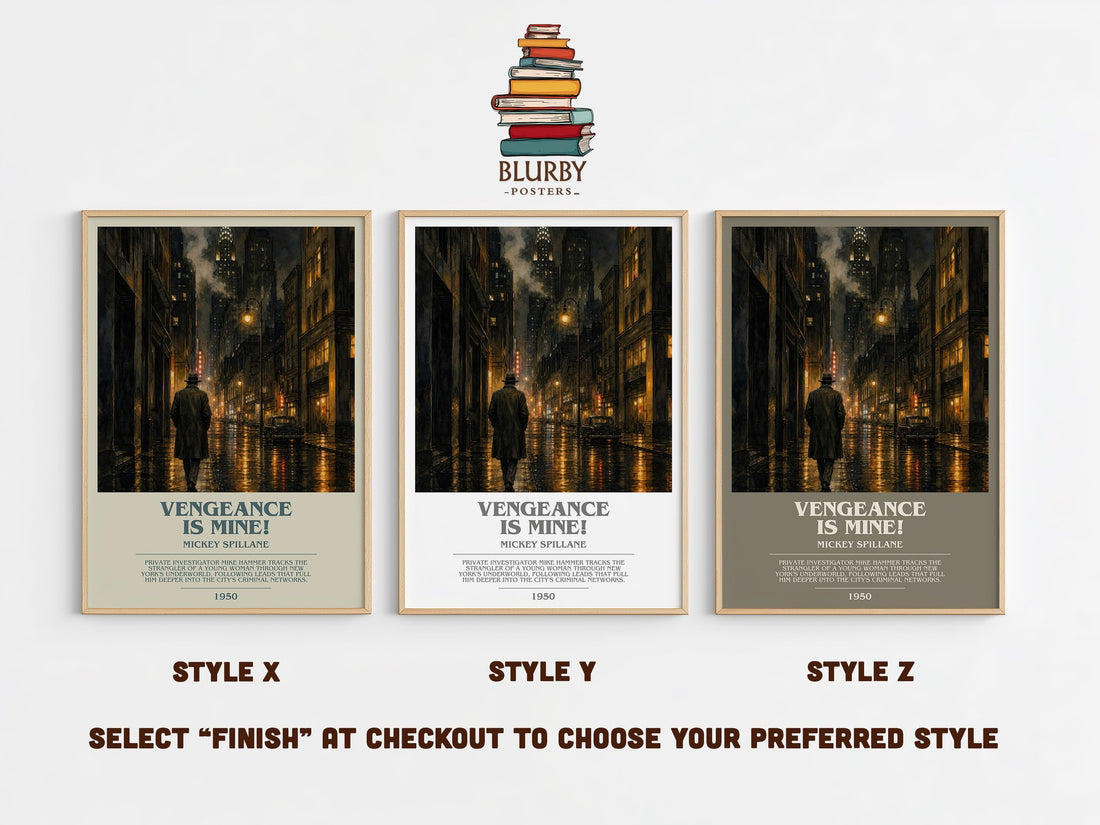 Vengeance Is Mine! bookish print in frame leaning in hallway – crime wall art (mockup)