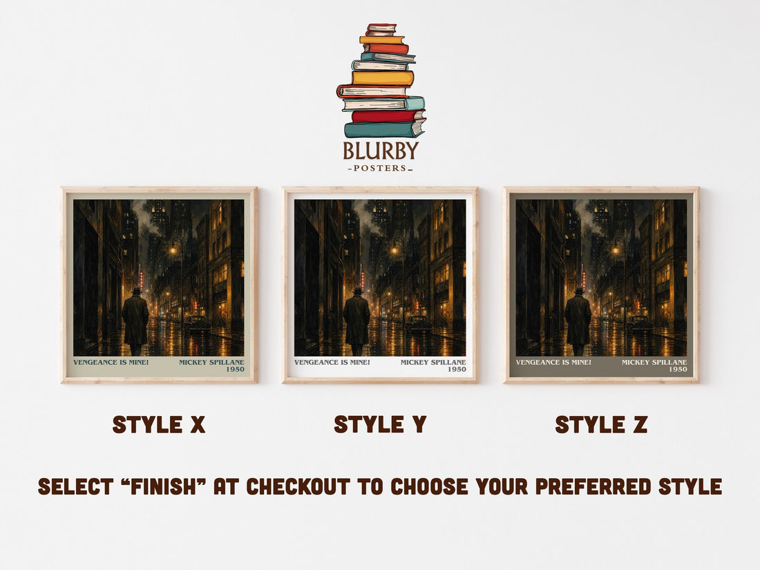 Vengeance Is Mine! literary print in frame leaning in hallway – crime wall art (mockup)