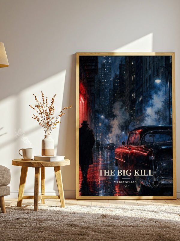 The Big Kill watercolour print in frame leaning in hallway – crime wall art