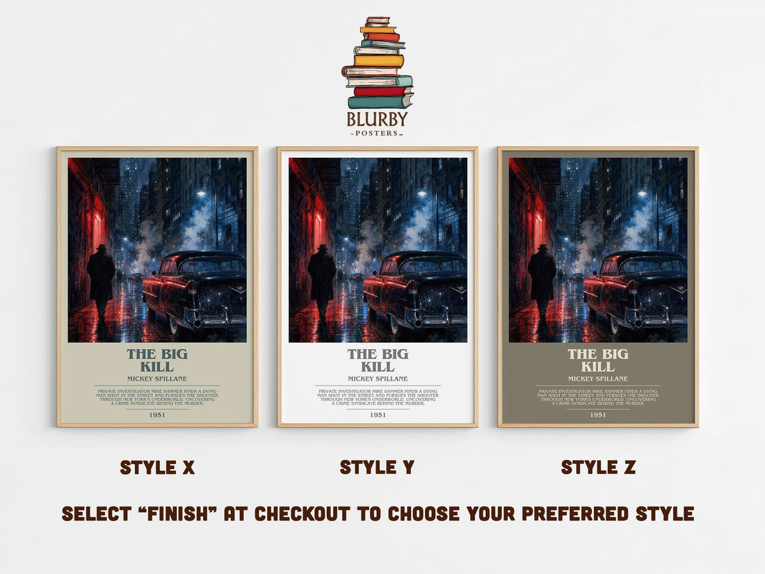 The Big Kill bookish print in frame leaning in hallway – crime wall art (mockup)