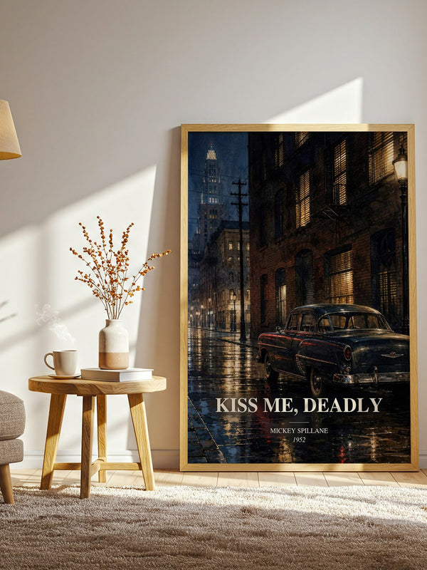 Kiss Me, Deadly watercolour print in frame leaning in hallway – crime wall art