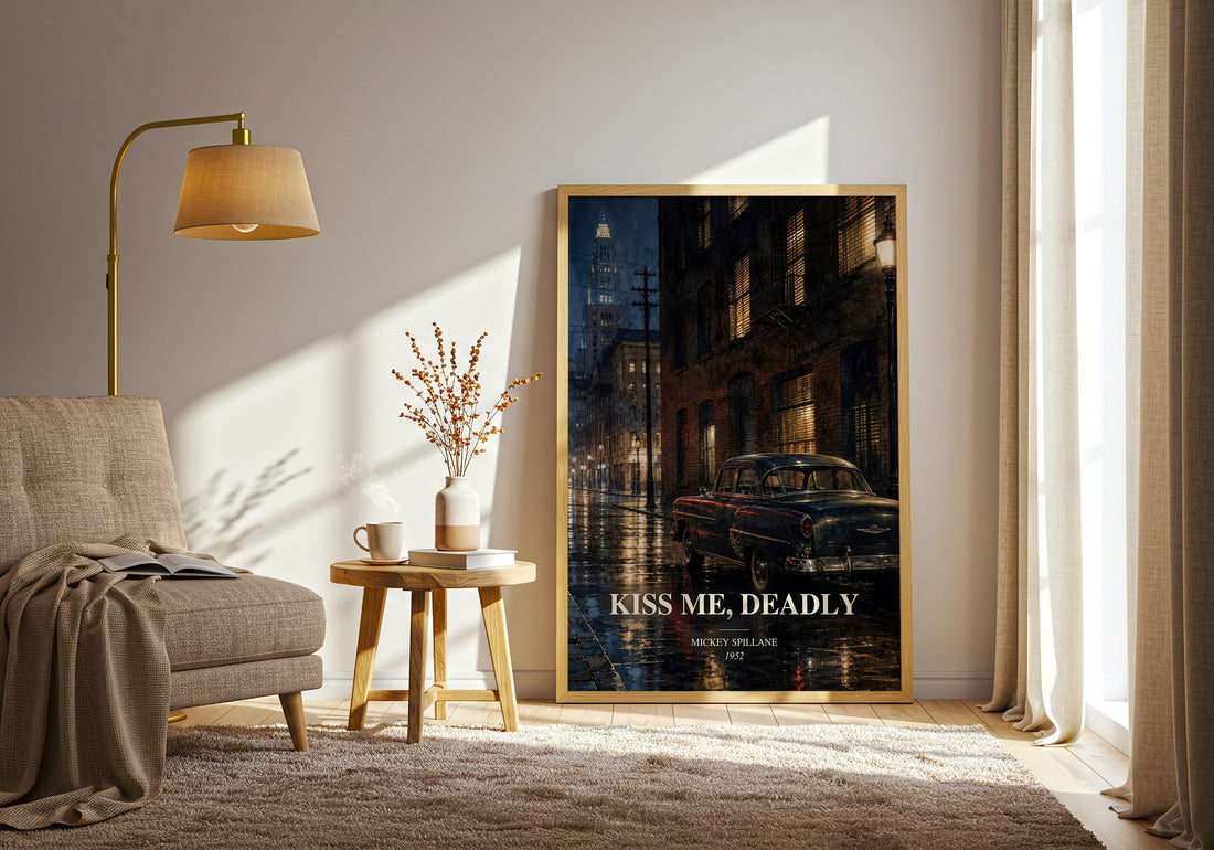 Kiss Me, Deadly watercolour print in frame leaning in hallway – crime wall art (mockup)