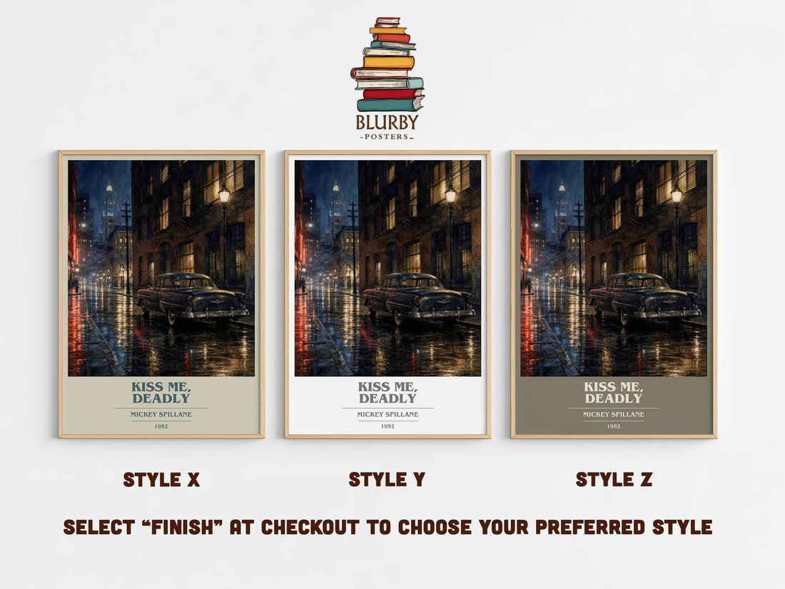 Kiss Me, Deadly book cover print in frame leaning in hallway – crime wall art (mockup)