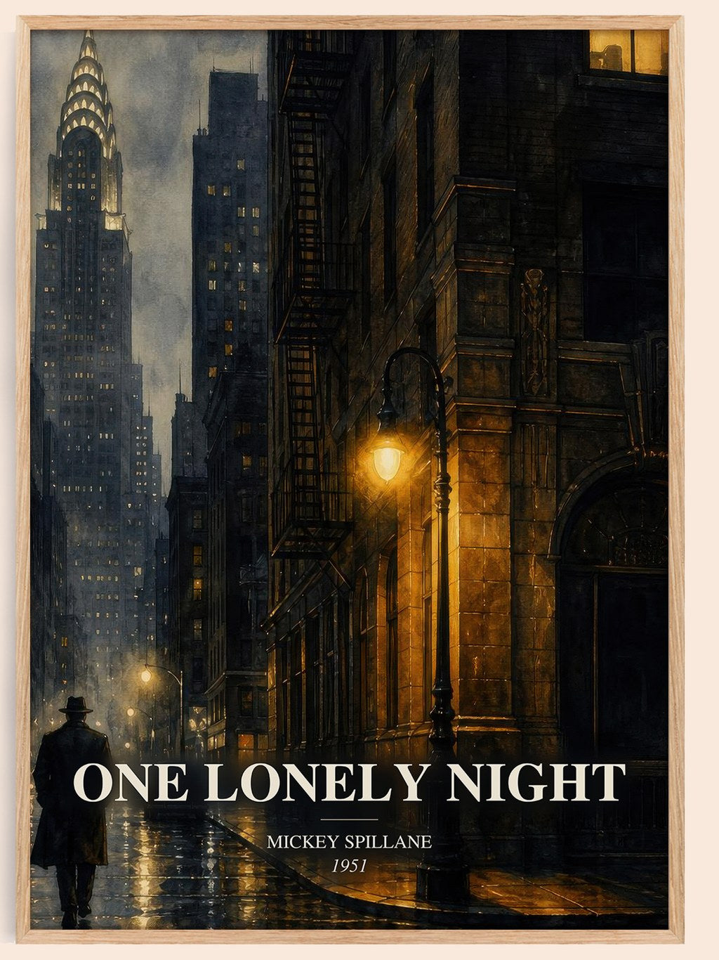 One Lonely Night watercolour book poster by Mickey Spillane – framed literary art print