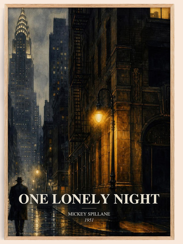 One Lonely Night watercolour book poster by Mickey Spillane – framed literary art print