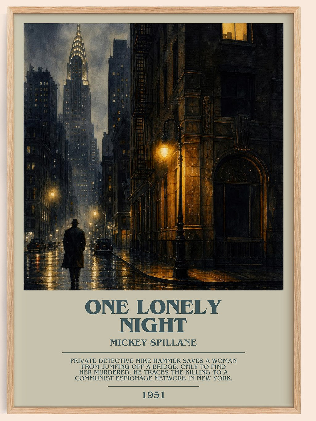 One Lonely Night bookish book poster by Mickey Spillane – framed literary art print