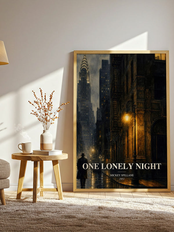 One Lonely Night watercolour print in frame leaning in hallway – crime wall art