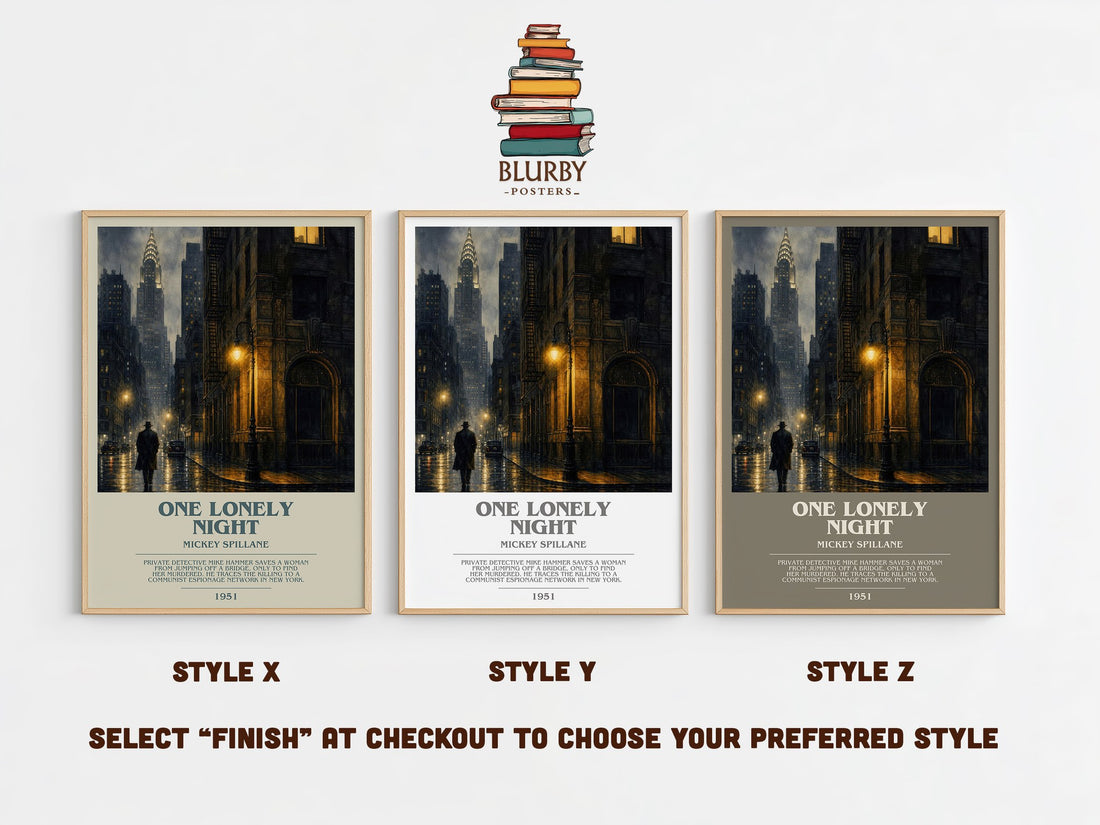 One Lonely Night bookish print in frame leaning in hallway – crime wall art (mockup)